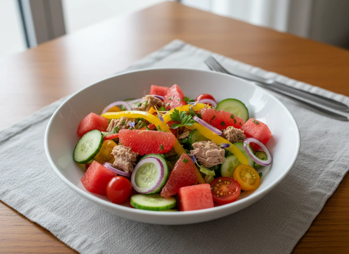 Salat mit Thunfisch und Obst photo