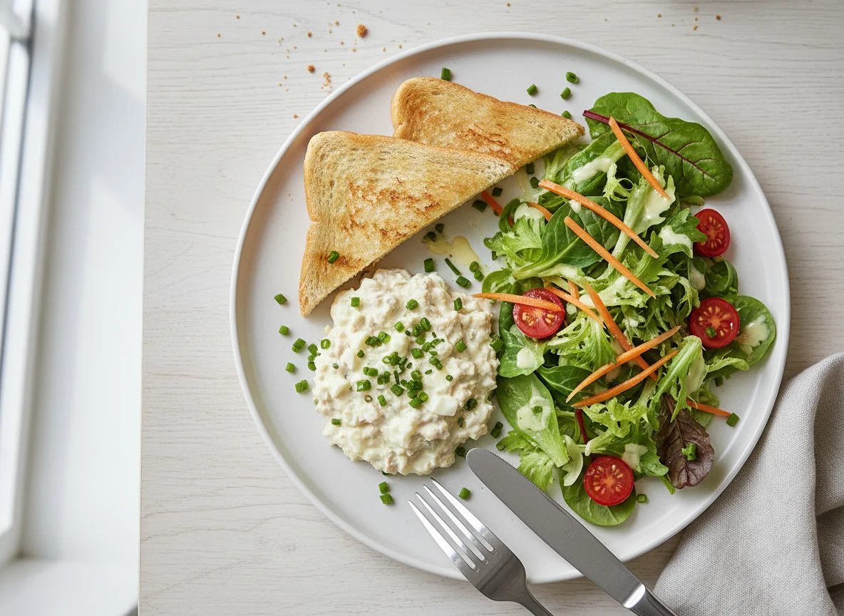 Salat mit Thunfisch-Ei-Aufstrich und Toast photo