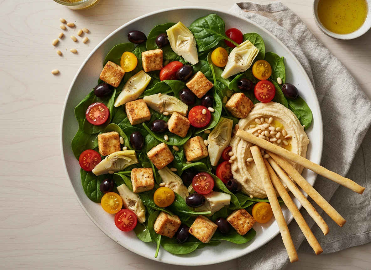 Salat mit Tofu, Artischocken und Hummus mit Grissini photo