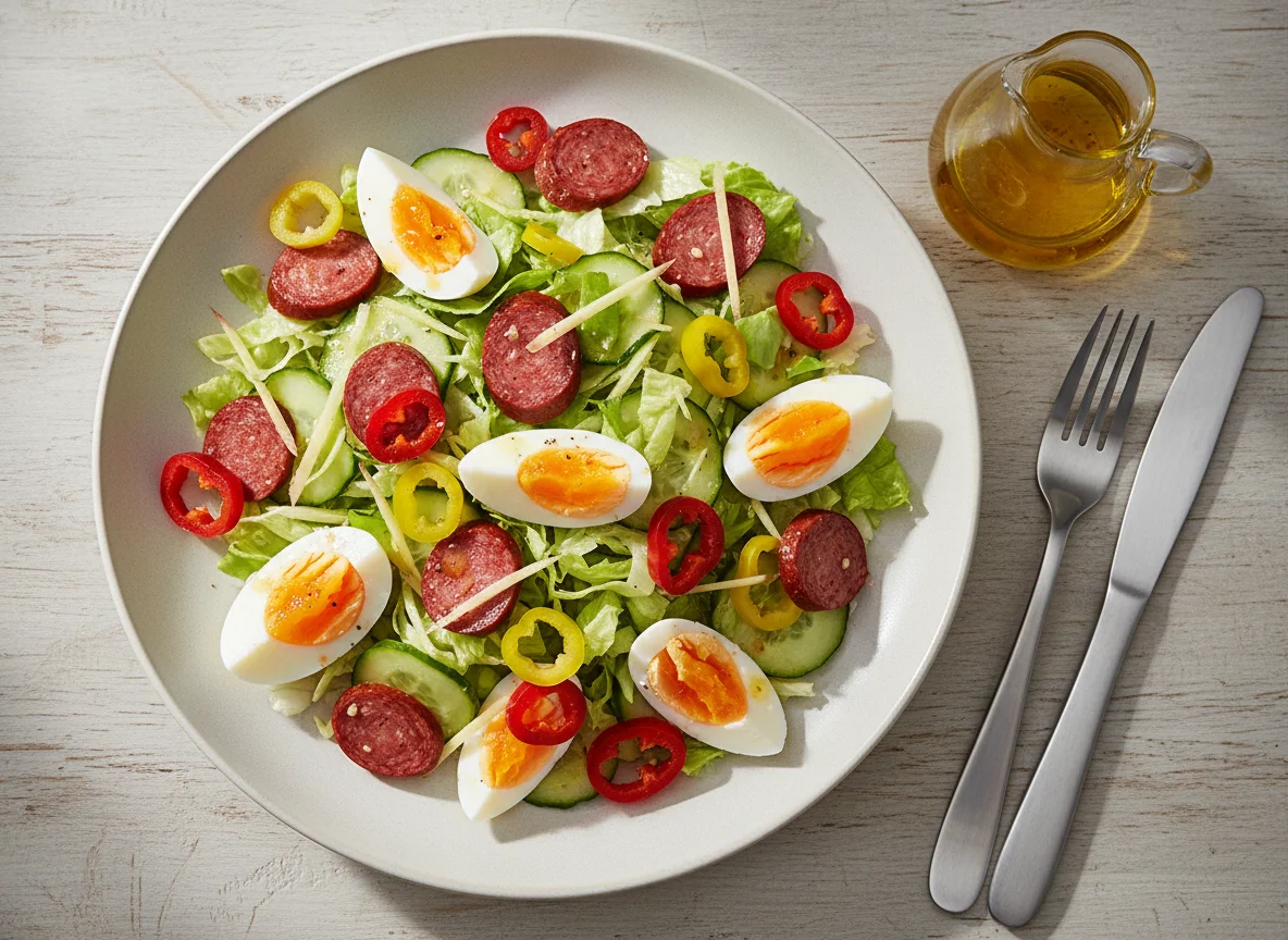 Salat mit türkischen Würstchen und Ei photo