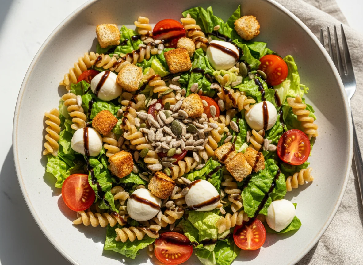 Salat mit Vollkornnudeln, Mozzarella und Balsamico photo