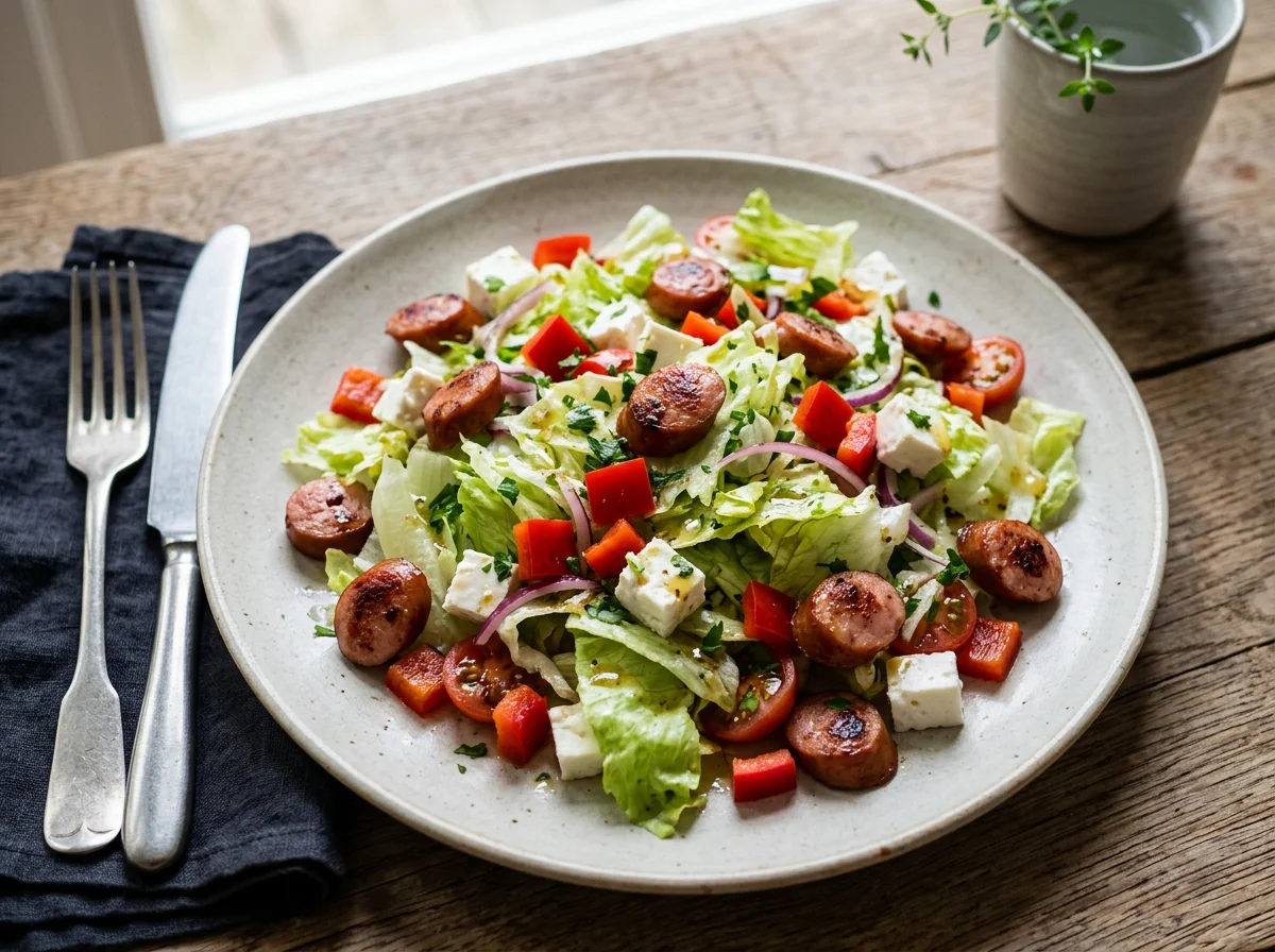 Salat mit Würstchen und Feta photo