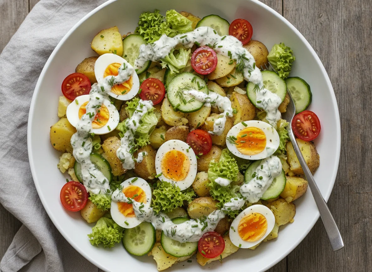 Salat mit zerdrückten Kartoffeln und Eiern photo