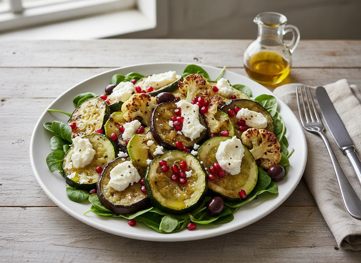Salat mit Ziegenfrischkäse und geröstetem Gemüse photo