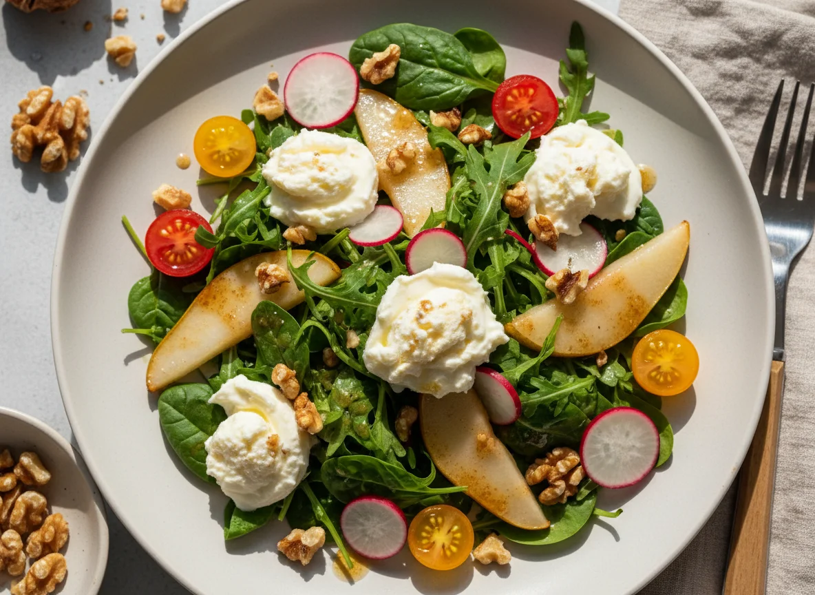 Salat mit Ziegenkäse, Birne und Walnüssen photo