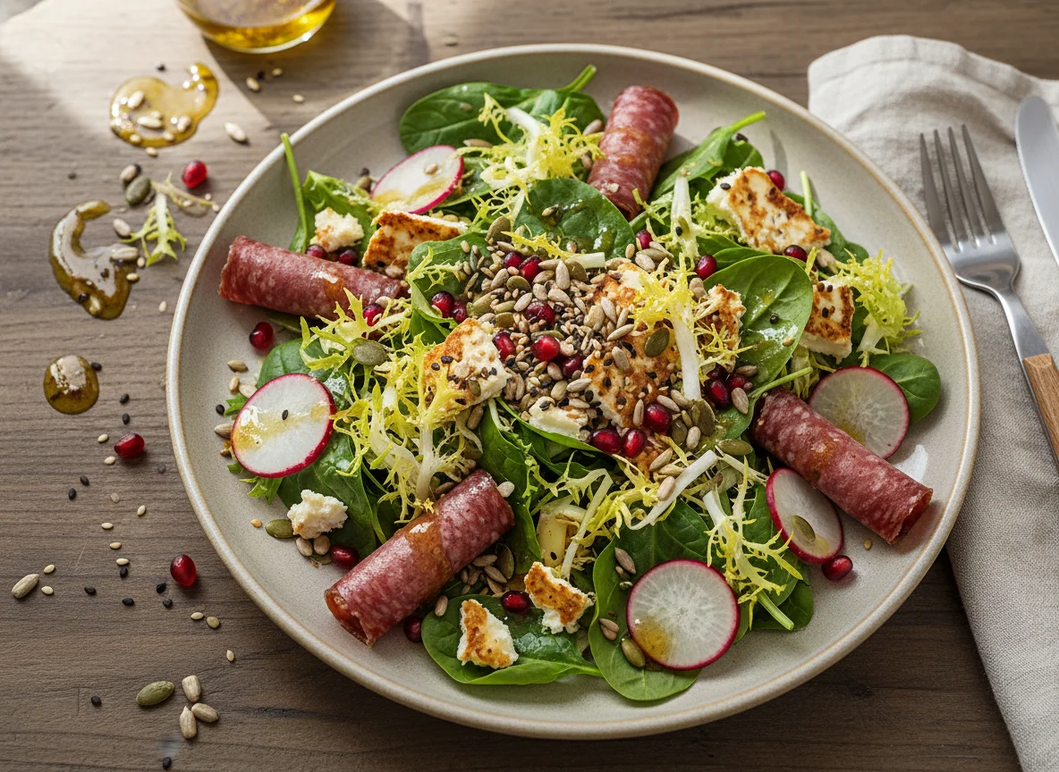 Salat mit Ziegenkäse, Granatapfel und Kernen photo