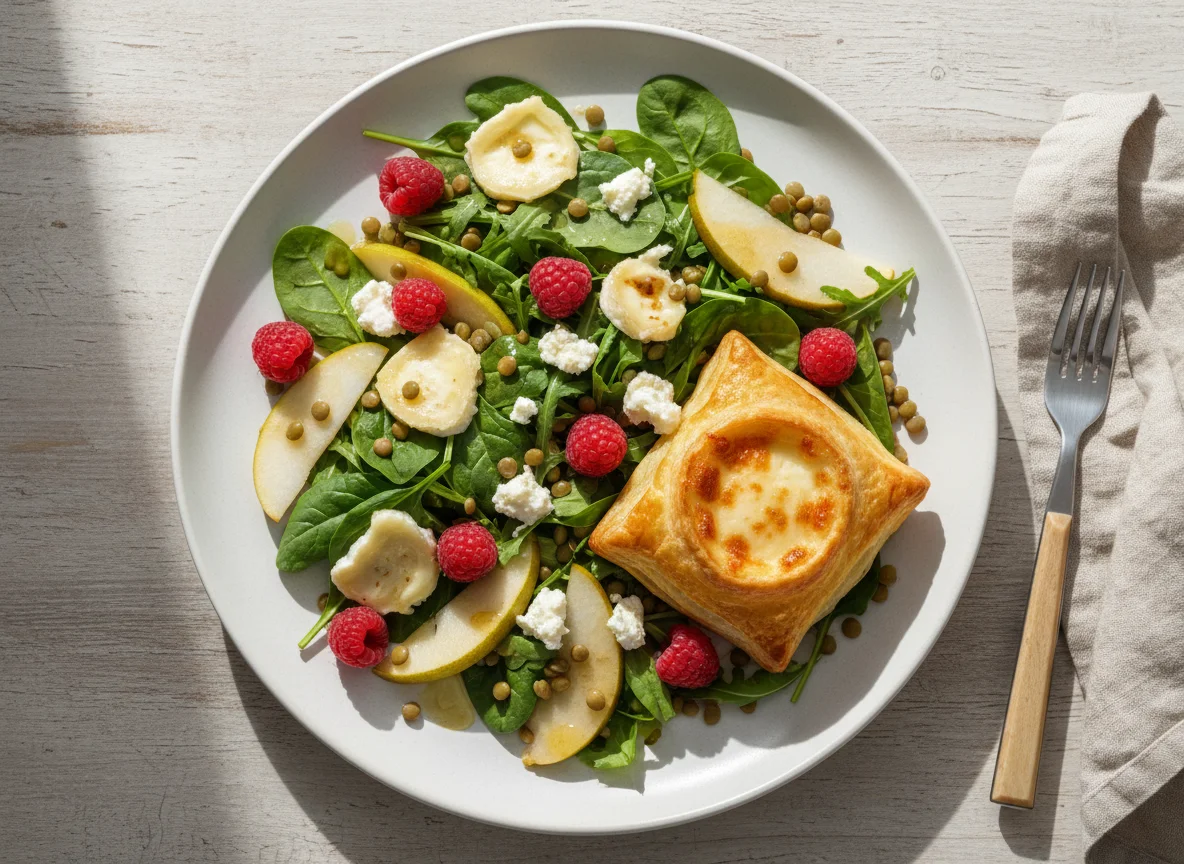 Salat mit Ziegenkäse, Himbeeren und Blätterteigtasche photo