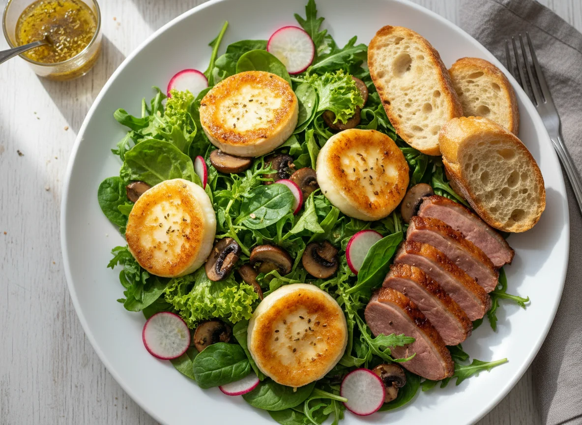 Salat mit Ziegenkäse, Pilzen und Entenbrust photo