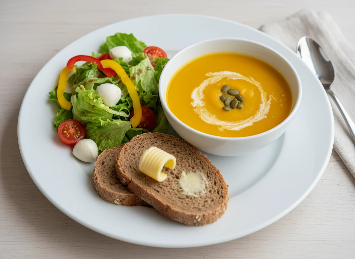Salat, Suppe und Brot mit Butter photo