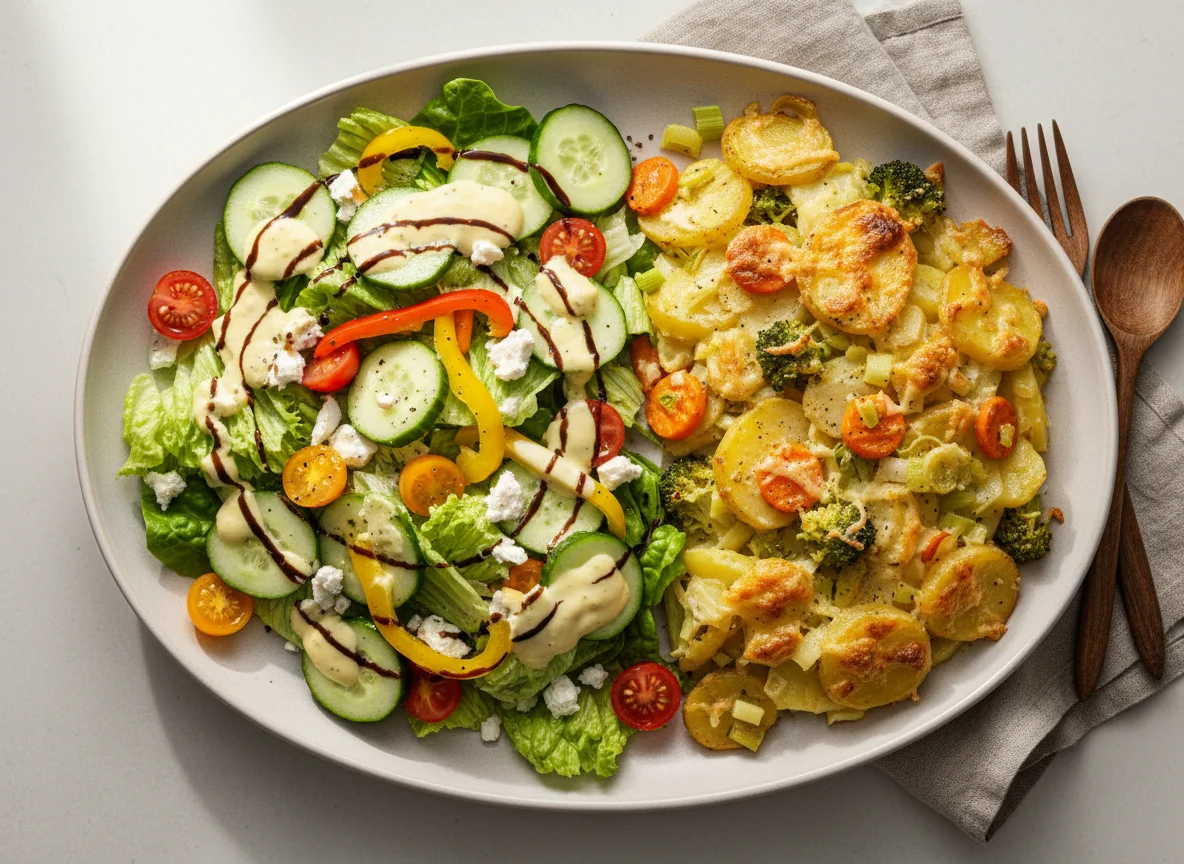 Salat und Kartoffelauflauf photo