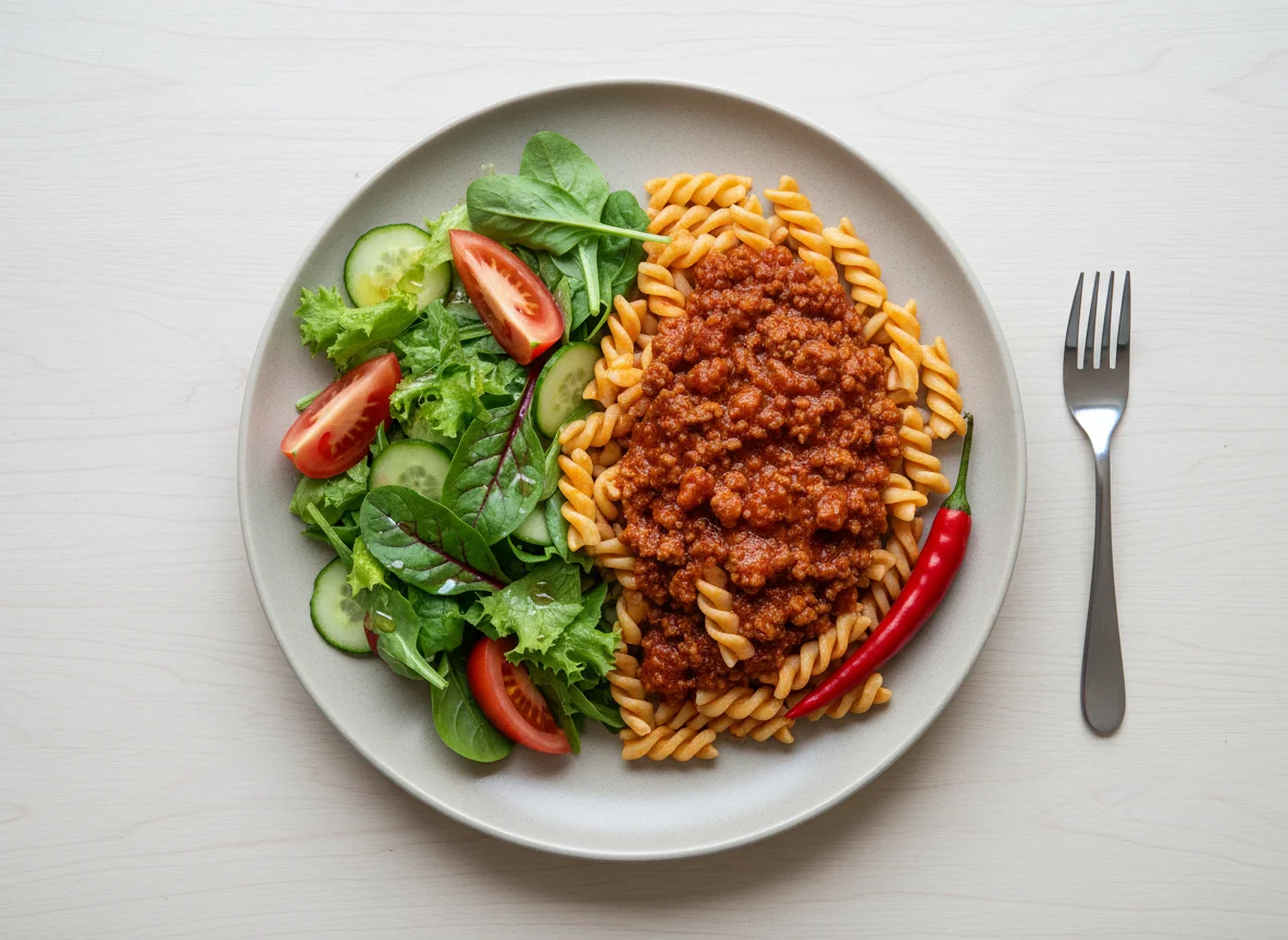Salat und Nudeln mit Sauce photo