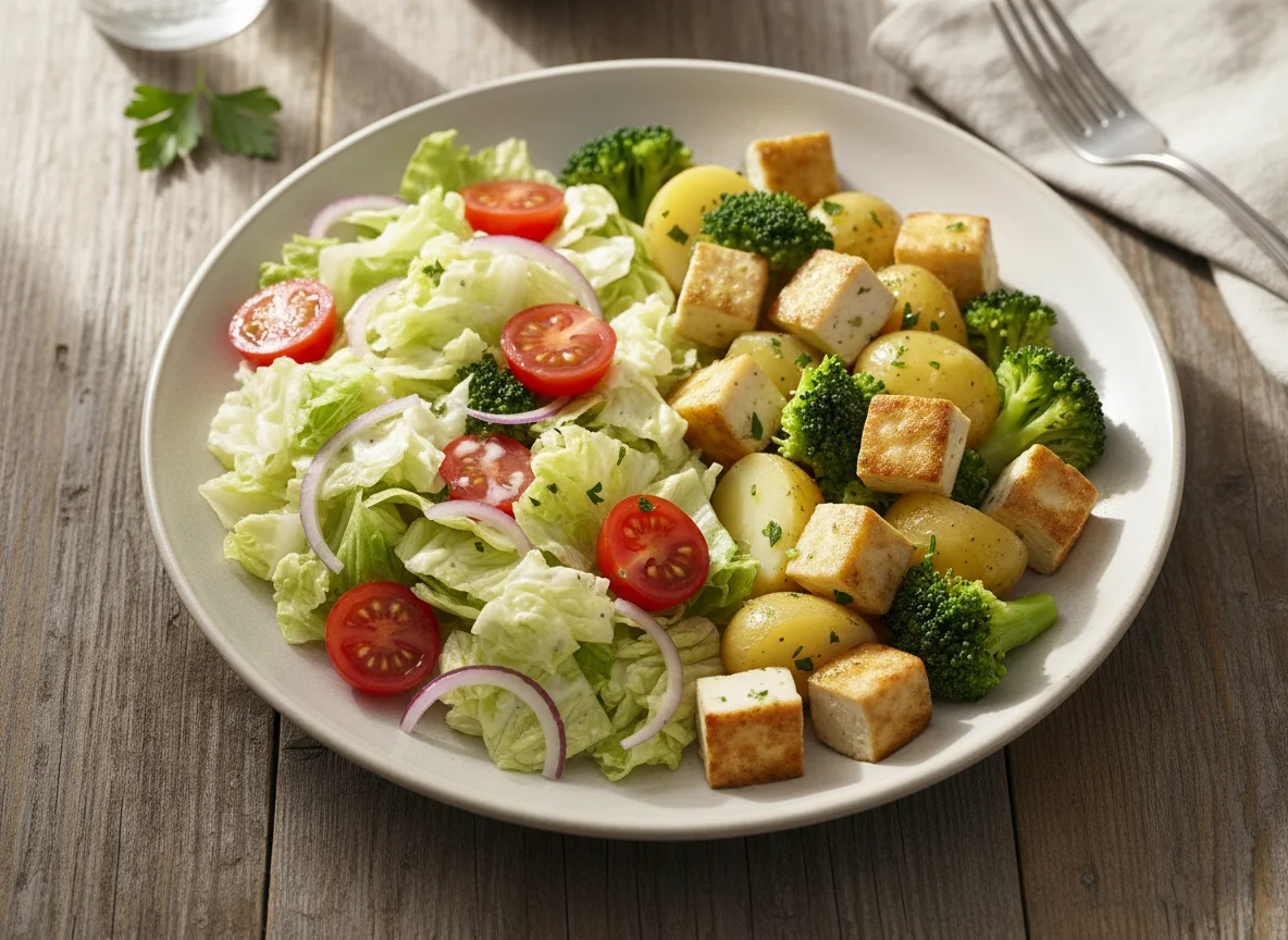 Salat und Tofu mit Kartoffeln und Brokkoli photo