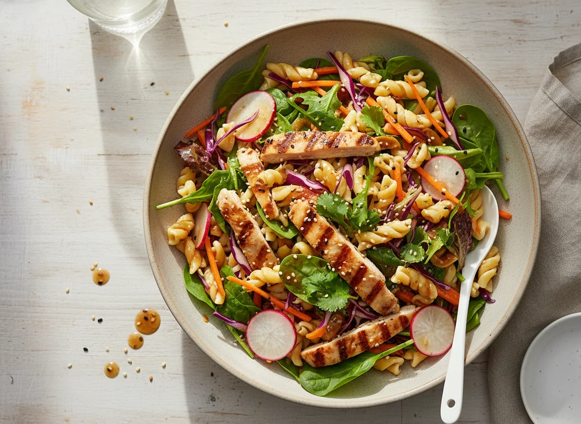 Salatbowl Chicken Pasta mit asiatischem Dressing photo