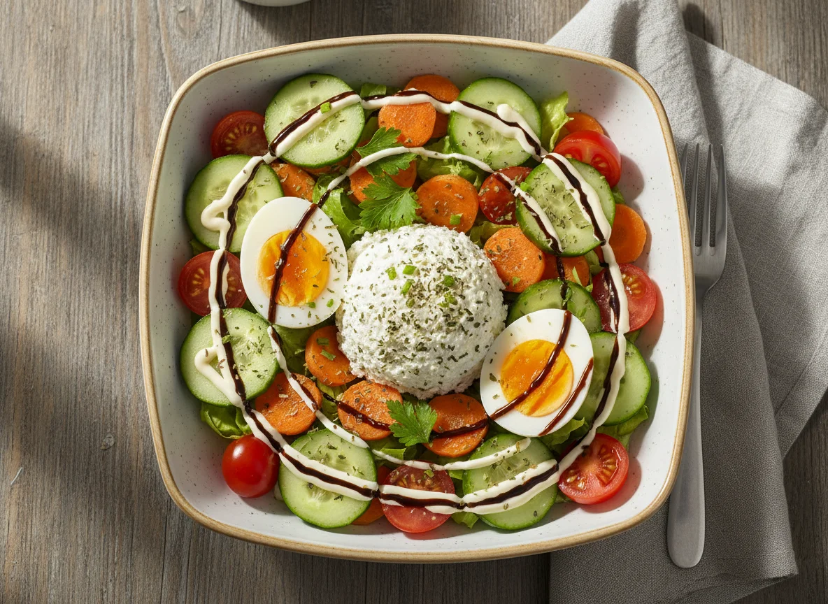 Salatbowl mit Hüttenkäse und Ei photo