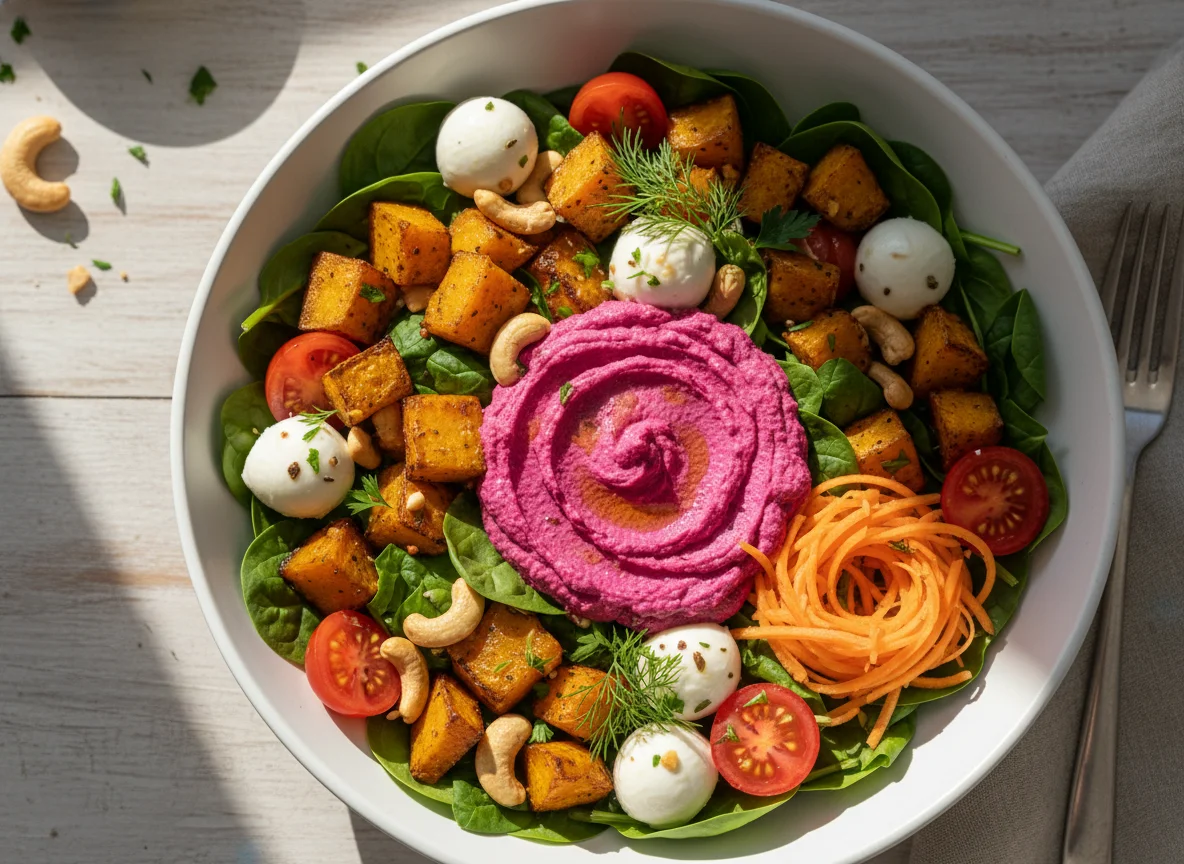 Salat-Bowl mit Rote-Bete-Hummus und Kürbis photo