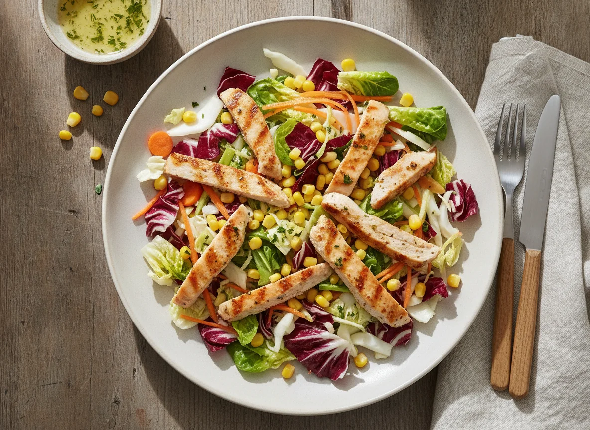Salat-Gemüsemischung mit Putenfleischstreifen und Mais photo