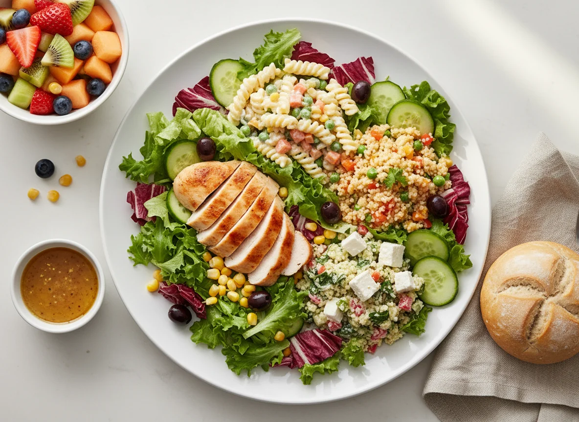Salatplatte mit Brötchen und Obstsalat photo