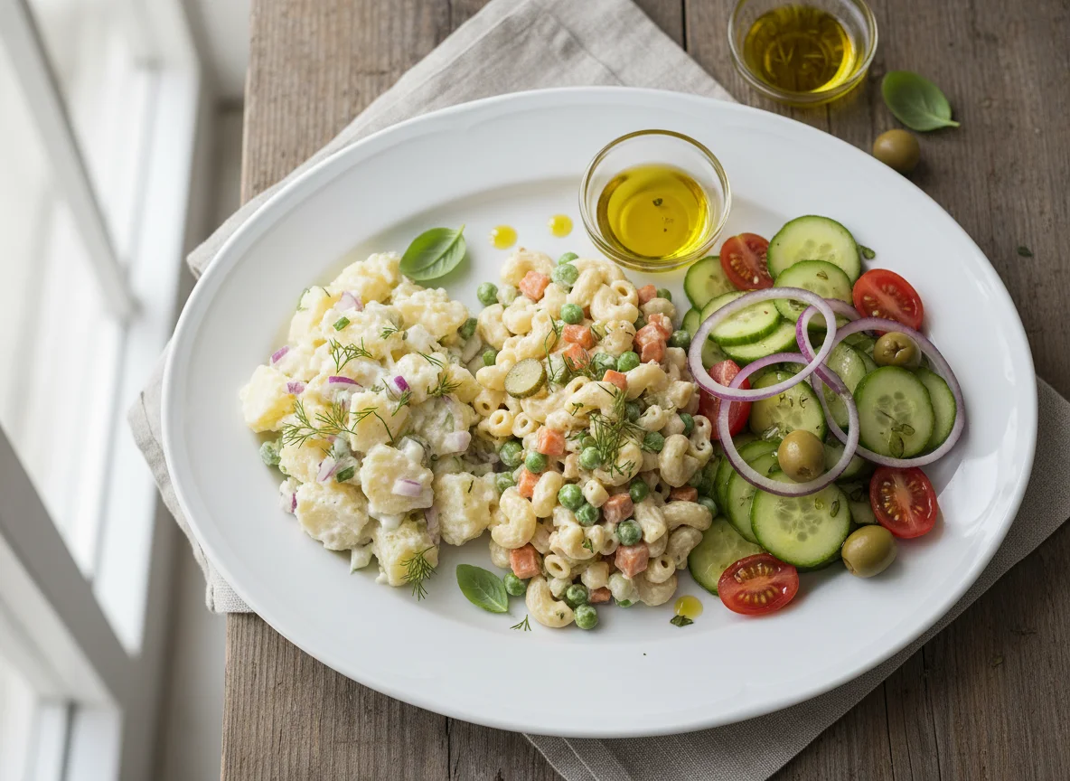 Salatplatte mit Kartoffelsalat, Nudelsalat und Gemüsesalat photo