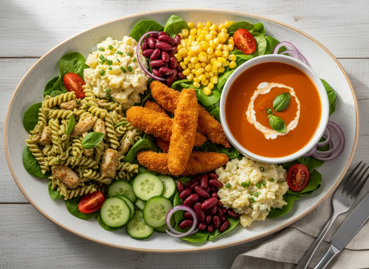 Salatplatte mit Nudelsalat, Backhendlstreifen und Tomatensuppe photo