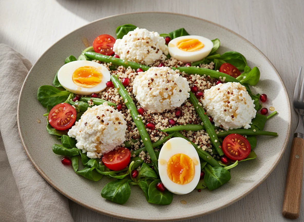 Salatplatte mit Quinoa, Hüttenkäse und Ei photo