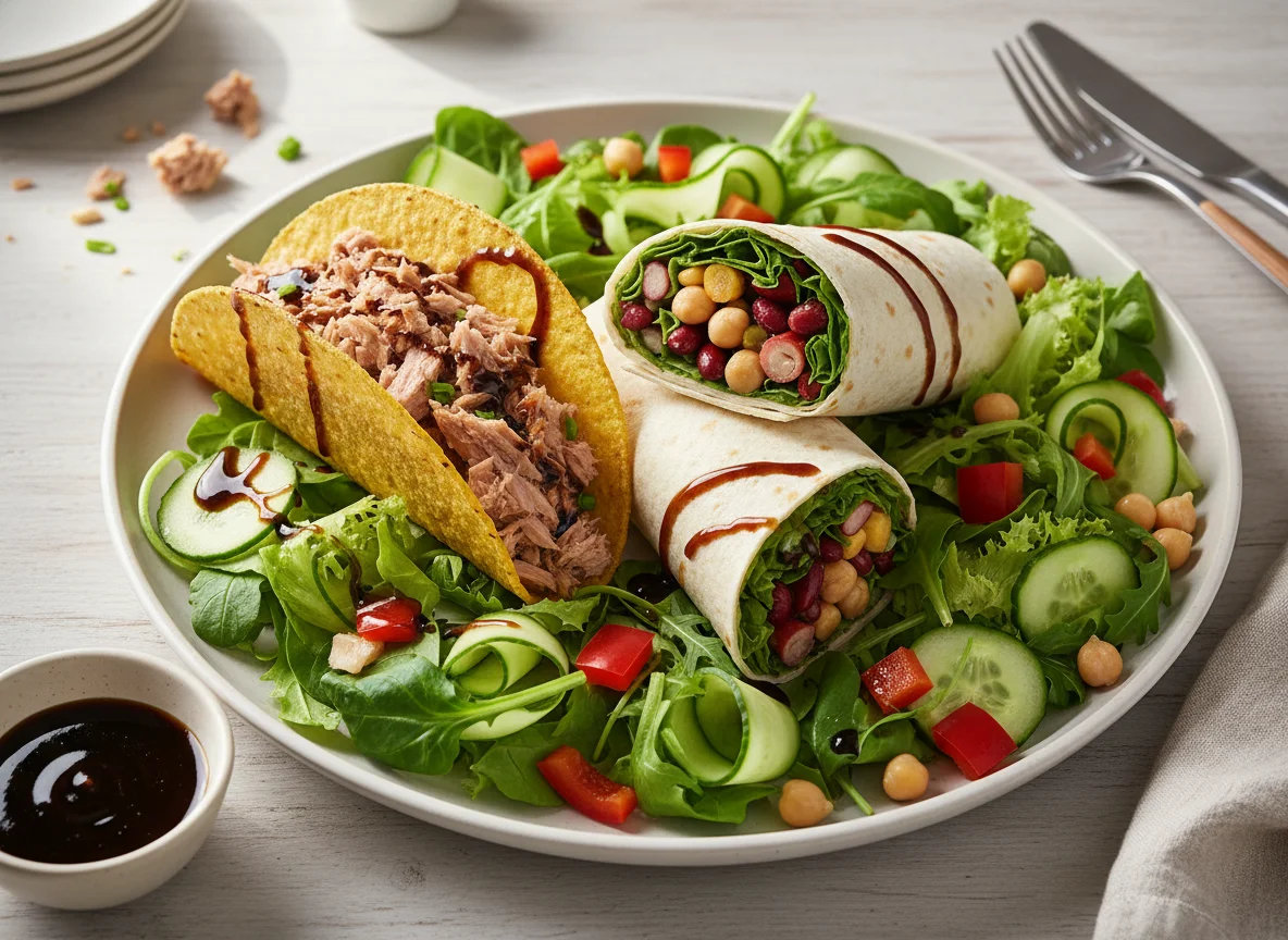 Salatplatte mit Taco und Wrap photo