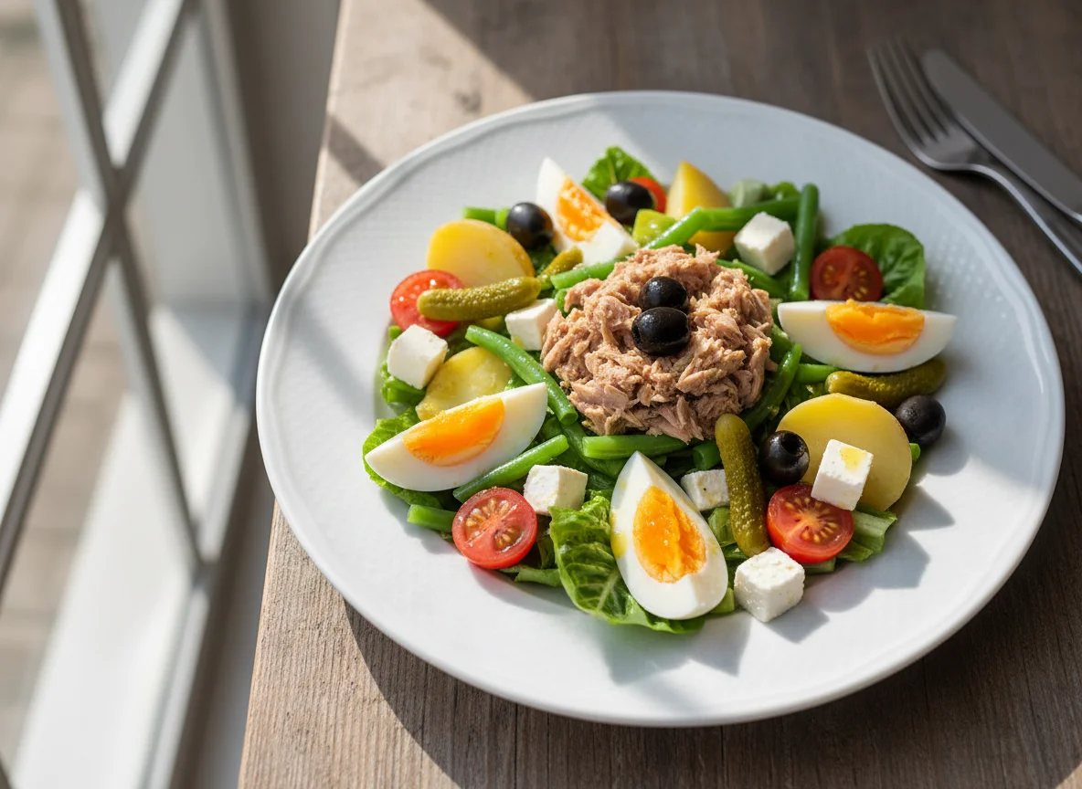 Salatplatte mit Thunfisch und Ei photo