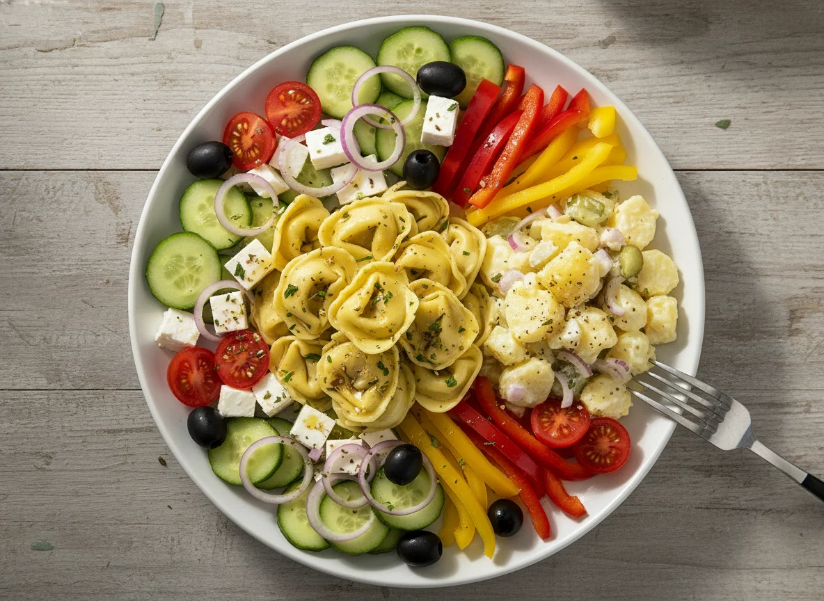 Salatplatte mit Tortellini und Kartoffelsalat photo