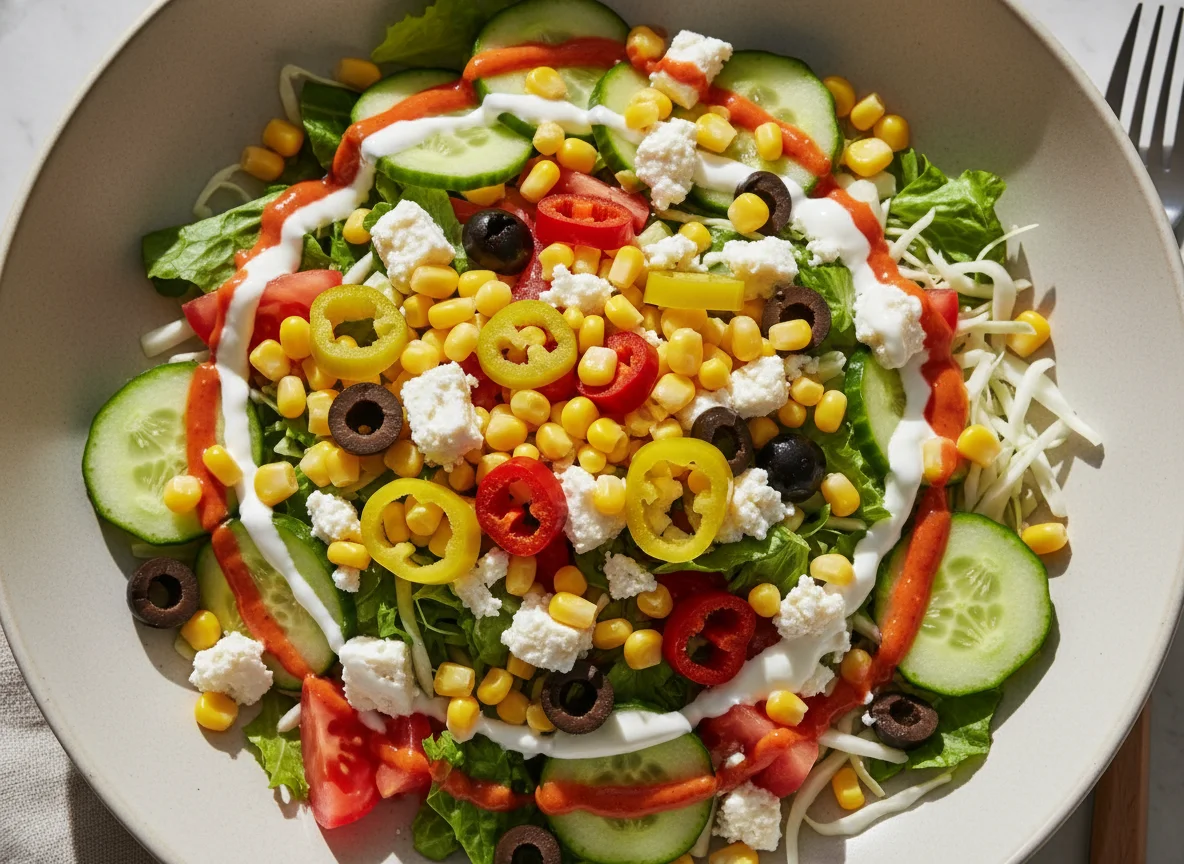 Salatschale mit Mais, Oliven, Peperoni und Feta photo