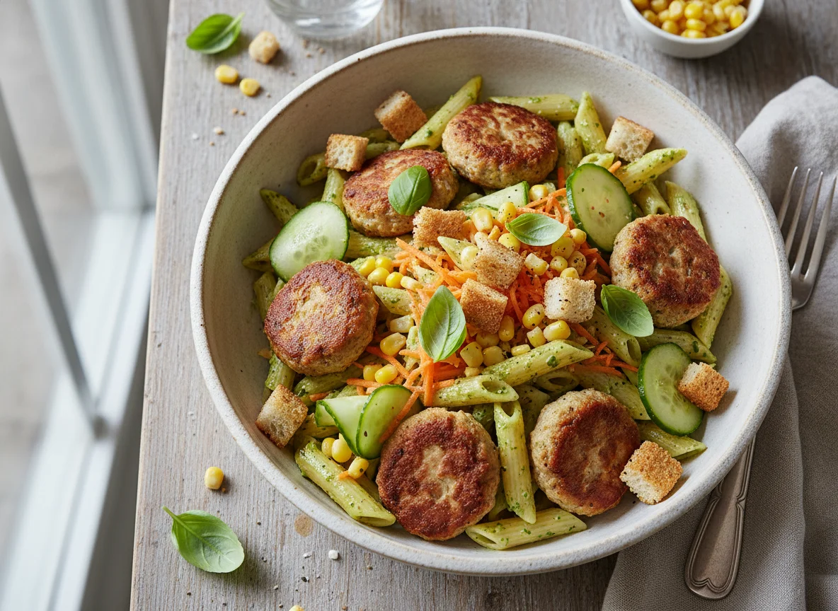 Salatschale mit Pasta und Frikadellen photo