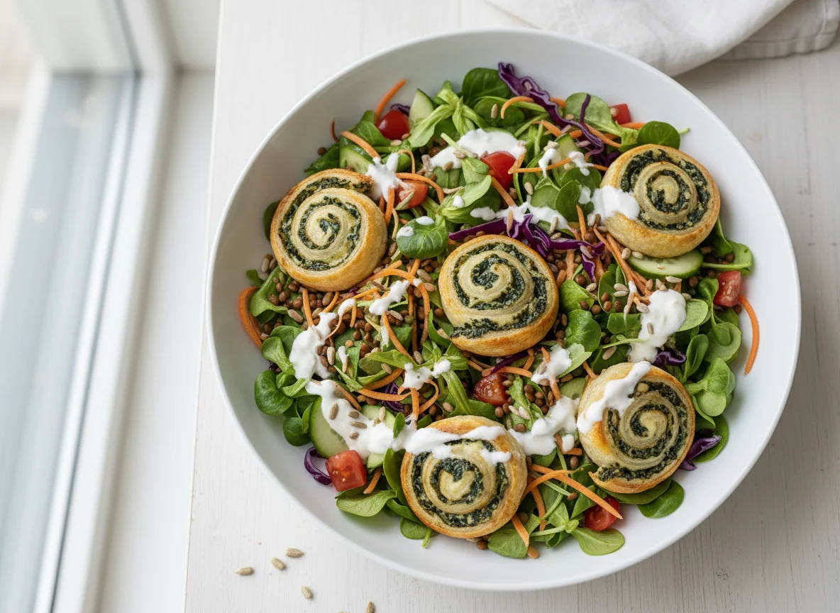 Salatschüssel mit Blätterteigschnecken photo