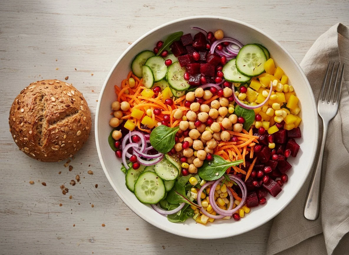 Salatschüssel mit Brötchen photo