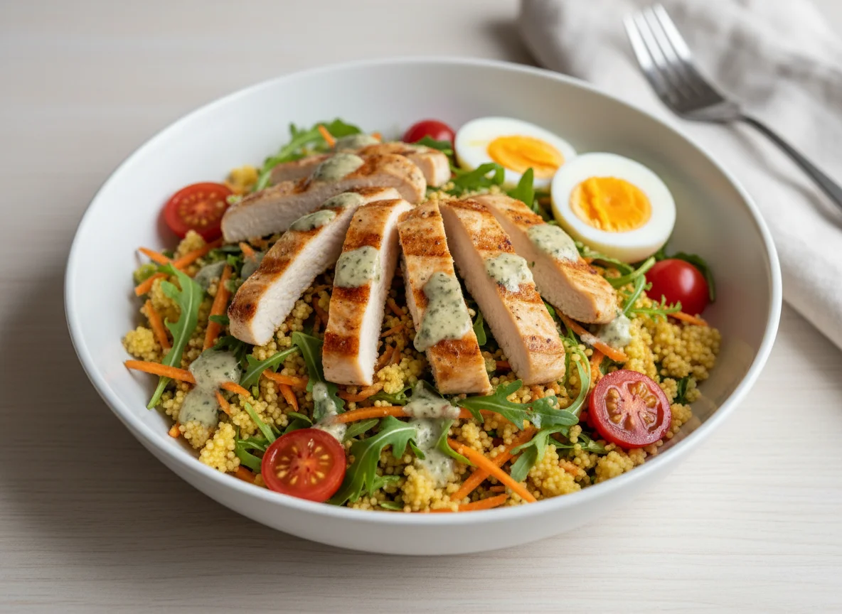 Salatschüssel mit Couscous und Hähnchen photo