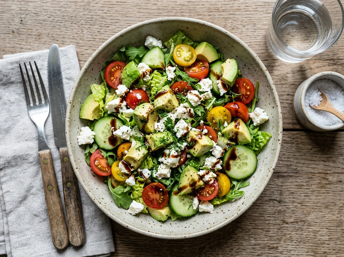 Salatschüssel mit Feta, Avocado und Gemüse photo