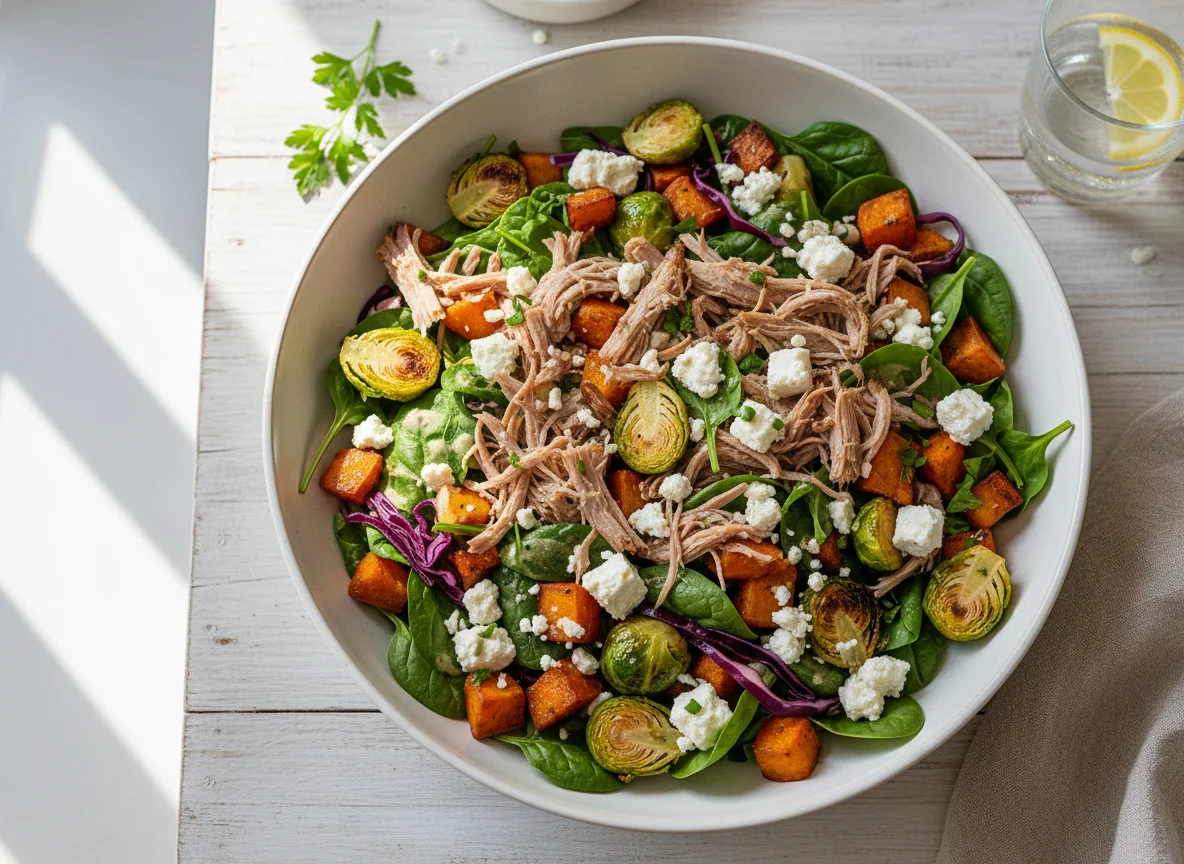 Salatschüssel mit Fleisch und Feta photo