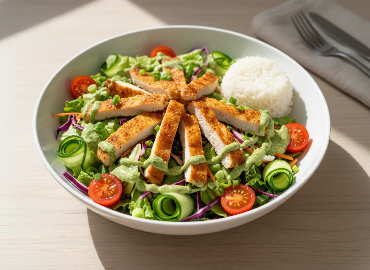 Salatschüssel mit Hähnchen und Dressing photo