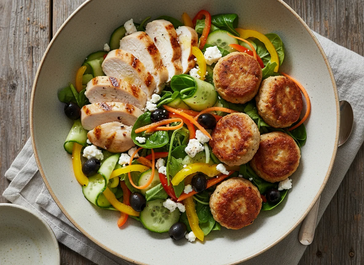 Salatschüssel mit Hähnchen und Frikadellen photo