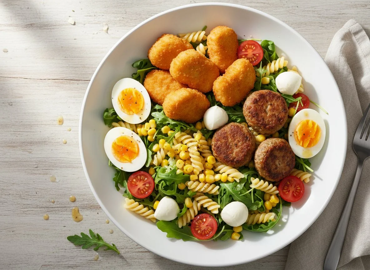 Salatschüssel mit Hähnchennuggets und Frikadellen photo