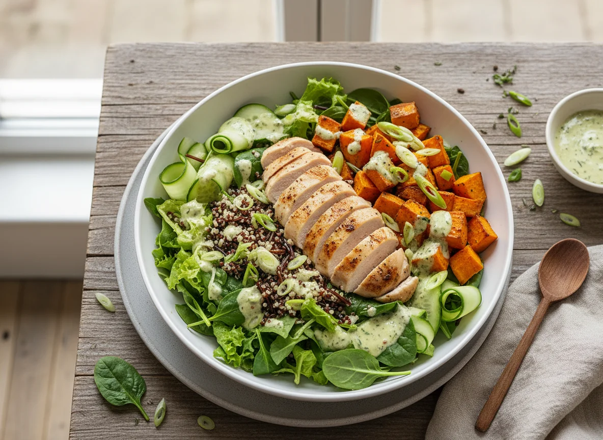 Salatschüssel mit Huhn und Süßkartoffel photo