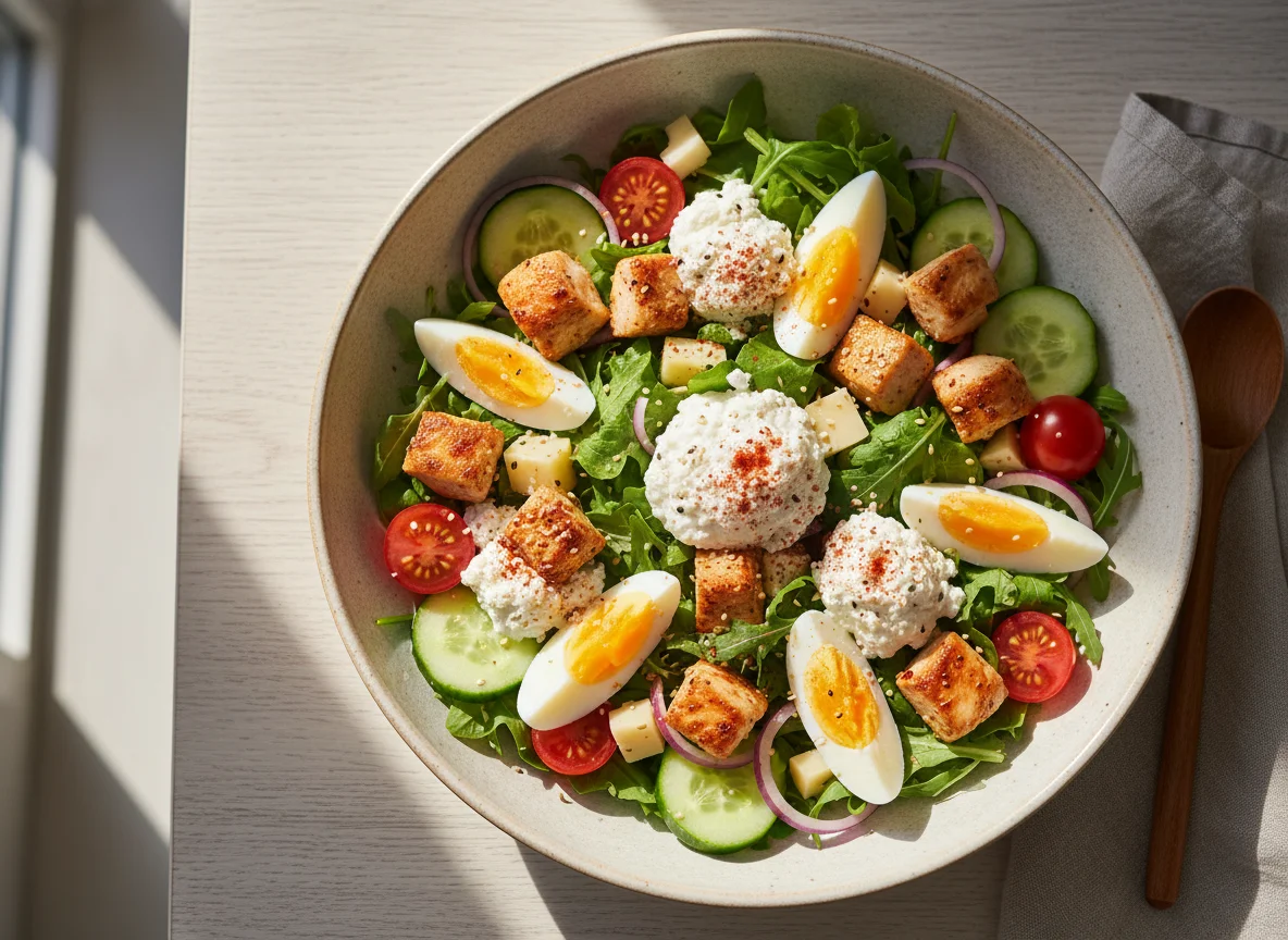 Salatschüssel mit Hühnchen und Hüttenkäse photo