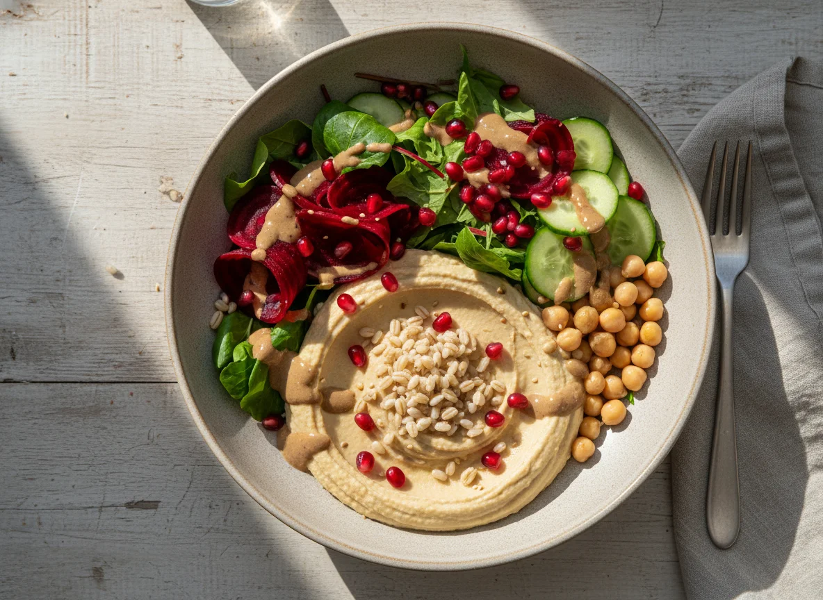 Salatschüssel mit Hummus und Getreide photo