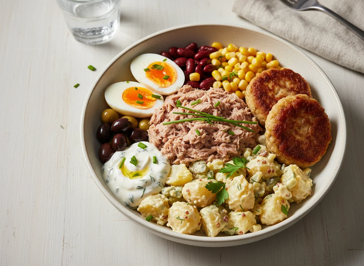Salatschüssel mit Kartoffelsalat und Thunfisch photo