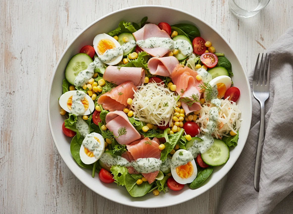 Salatschüssel mit Lachs, Schinken und Ei photo