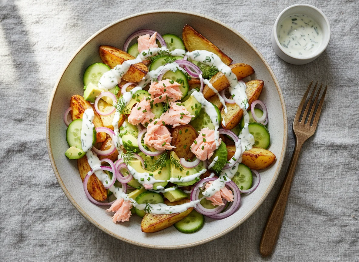 Salatschüssel mit Lachs und Kartoffeln photo