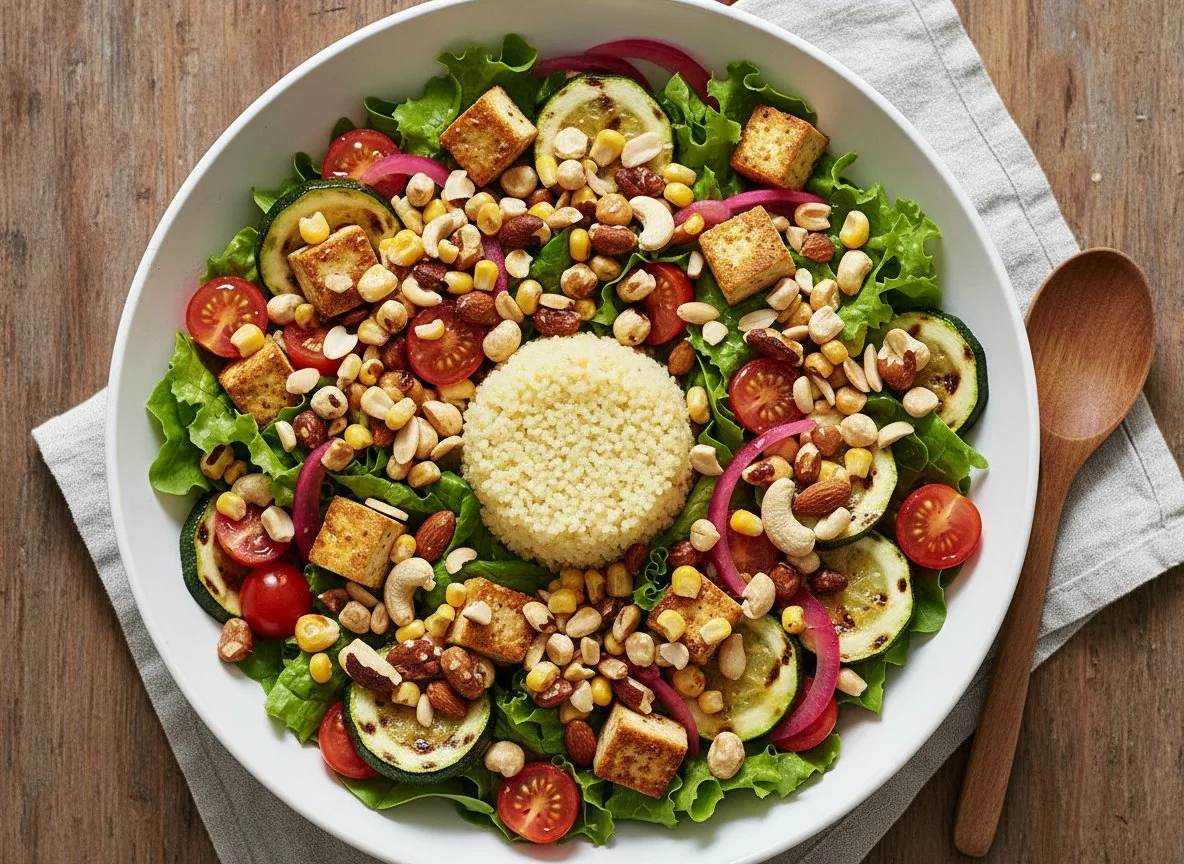 Salatschüssel mit Nüssen und Tofu photo