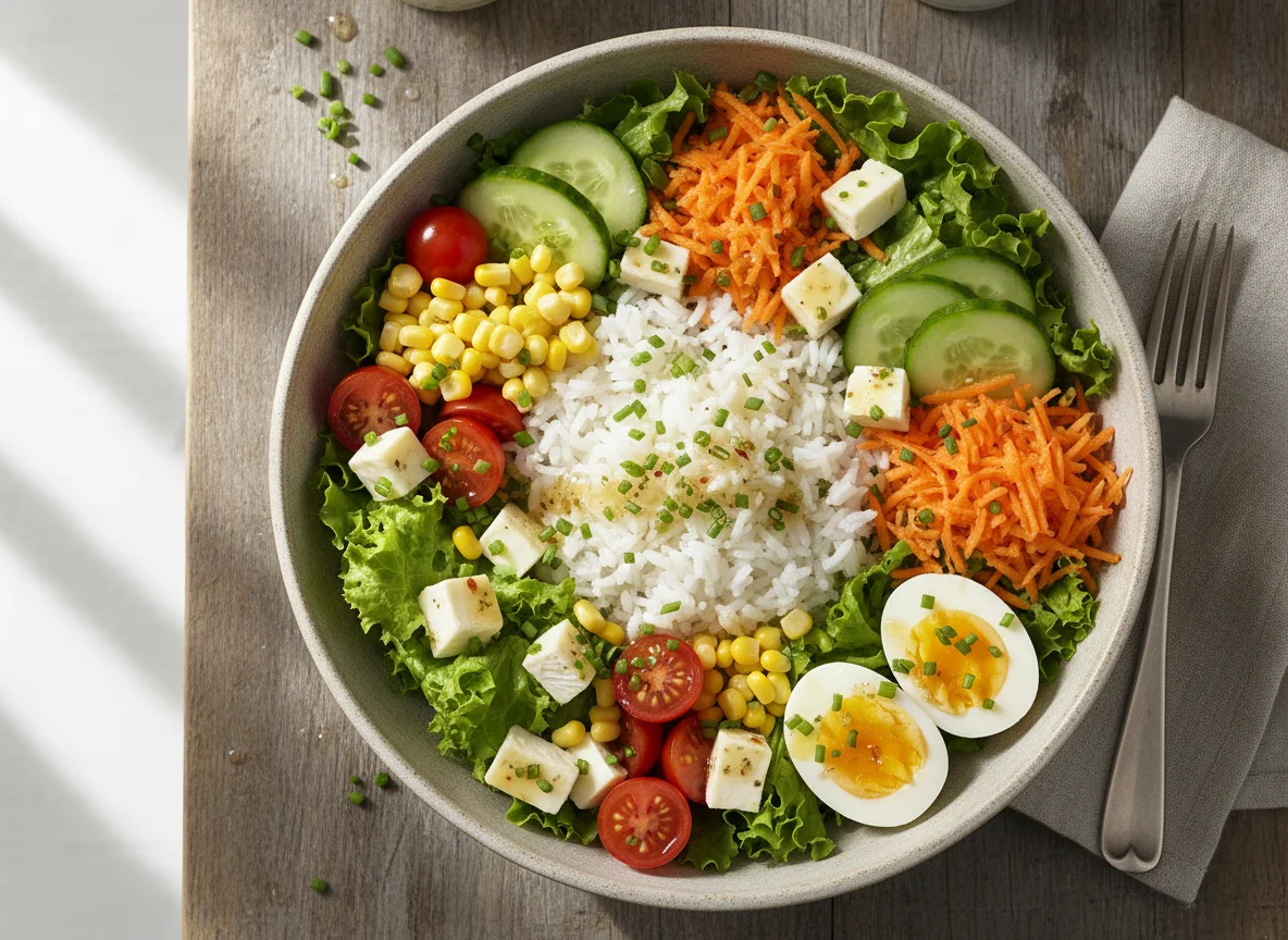 Salatschüssel mit Reis, Käse und Ei photo