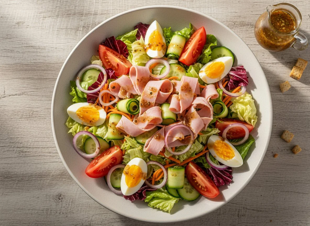 Salatschüssel mit Schinken und Ei photo
