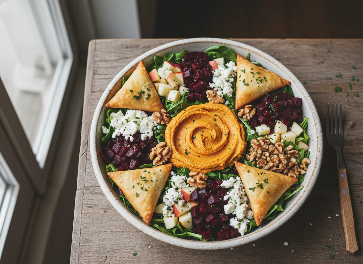 Salatschüssel mit Süßkartoffel-Hummus und Samosas photo