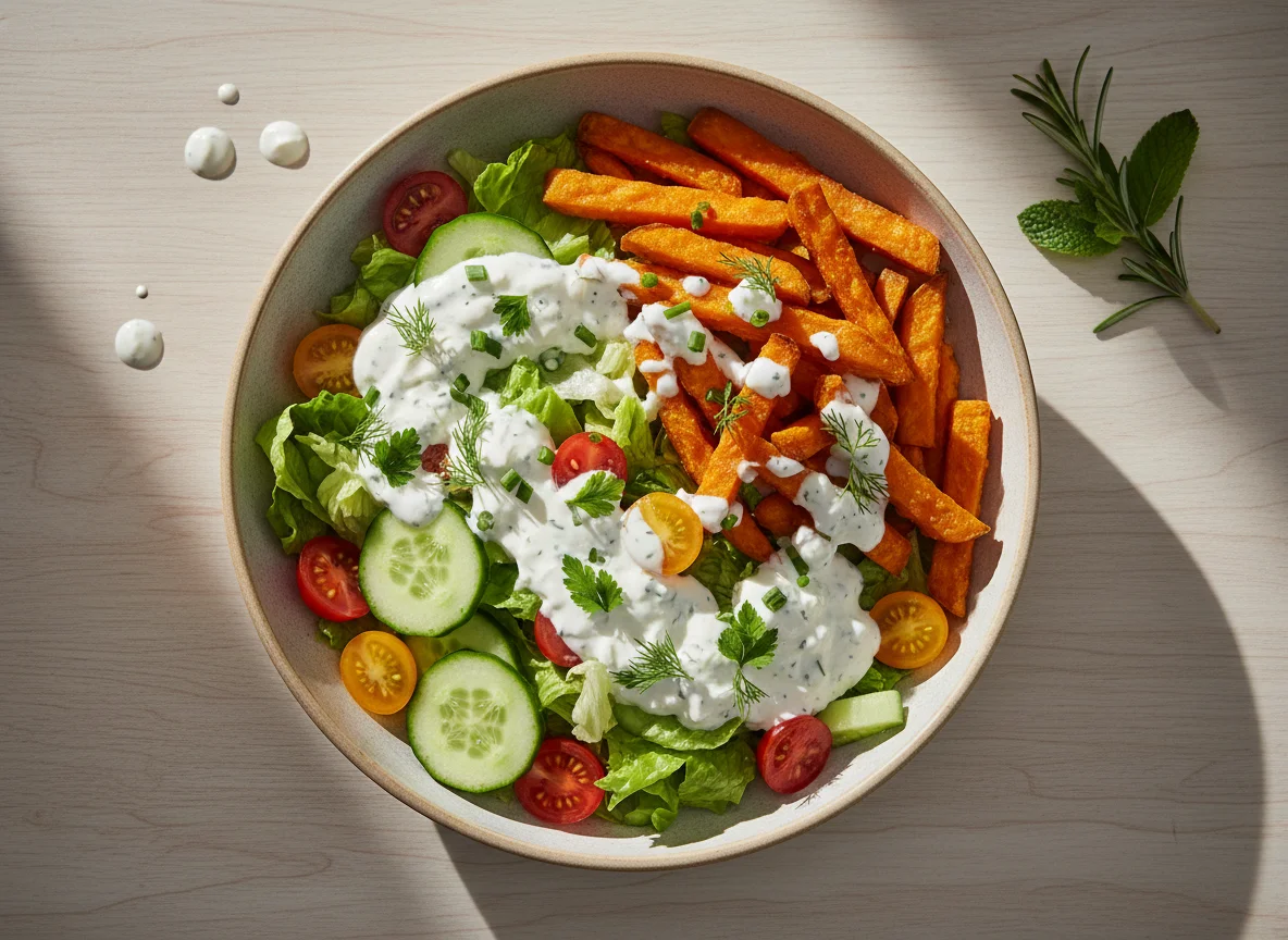 Salatschüssel mit Süßkartoffelpommes und Skyr-Dressing photo