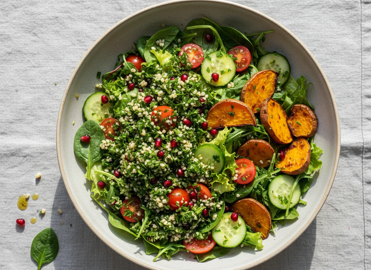 Salatschüssel mit Tabouleh und Süßkartoffeln photo