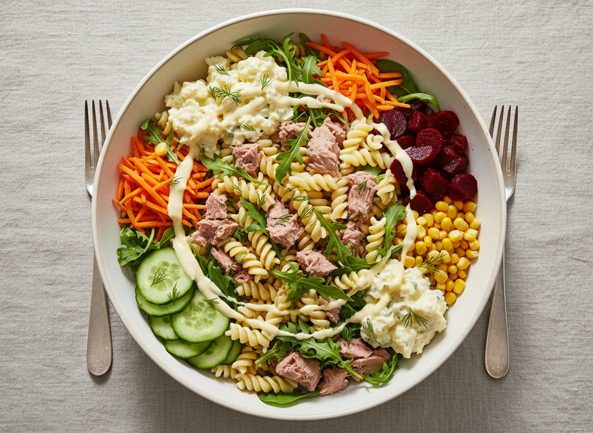 Salatschüssel mit Thunfisch und Nudeln photo